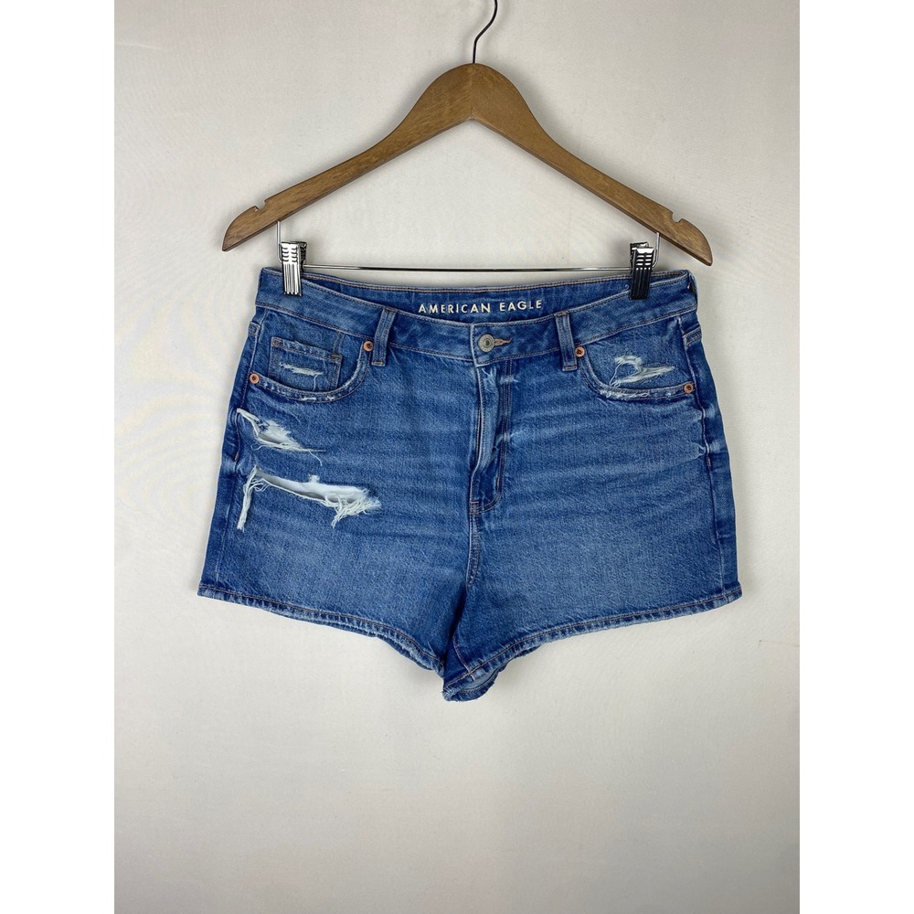 American Eagle Strigid Mom Shorts Womens 10 Blue Distressed Denim High Waisted